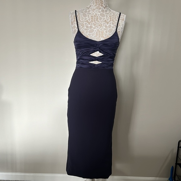 LIKELY - NWOT Steph Ruched Satin & Crepe Midi-Dress in Navy - Picture 1 of 10